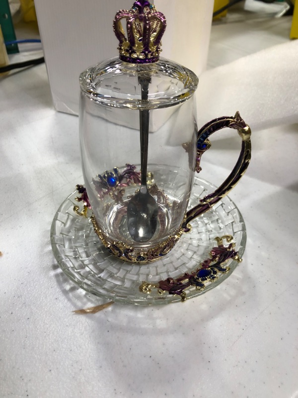 Photo 3 of **New open**Tea Mugs for Women Purple Tea Cups with Lid Spoon Saucer Crown Glass Coffee Mug Mothers Day Gifts Thanksgiving Christmas Gift(12oz Crown)