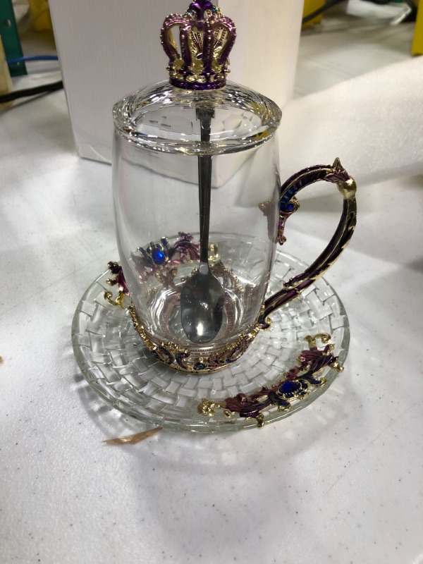 Photo 1 of **New open**Tea Mugs for Women Purple Tea Cups with Lid Spoon Saucer Crown Glass Coffee Mug Mothers Day Gifts Thanksgiving Christmas Gift(12oz Crown)
