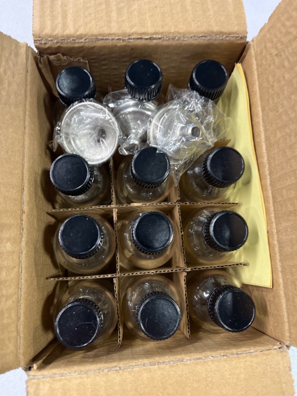 Photo 2 of 12, 2 oz Small Clear Glass Bottles (60ml) with Lids & 3 Stainless Steel Funnels - Boston Round Sample Bottles for Potion, Juice, Ginger Shots, Oils, Whiskey, Liquids - Mini Travel Bottles, NO Leakage