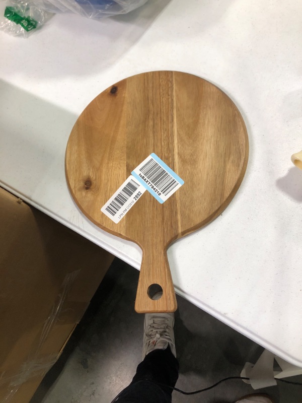 Photo 2 of Acacia Wood Cutting Board with Handle Wooden Chopping Board Countertop Round Paddle Cutting Board for Meat Bread Serving Board Charcuterie Board Circular Circle Cutting Board