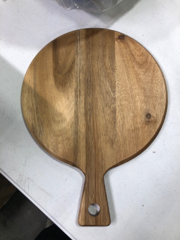 Photo 3 of Acacia Wood Cutting Board with Handle Wooden Chopping Board Countertop Round Paddle Cutting Board for Meat Bread Serving Board Charcuterie Board Circular Circle Cutting Board