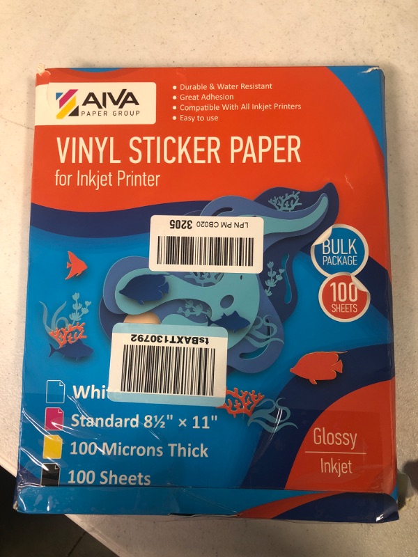 Photo 2 of Printable Vinyl Sticker Paper - Waterproof Decal Paper for Inkjet Printer - 100 Self-Adhesive Sheets - Glossy White - Standard Letter Size 8.5"x11"
BOX SIGHTLY DAMAGED