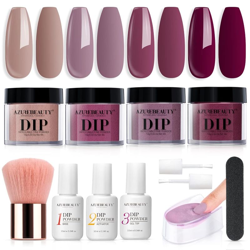 Photo 1 of Dip Nails Powder Starter Kit, AZUREBEAUTY 4 Colors Intellectual lady Brown Purple Dipping Powder Set with Base & Top Coat Activator Recycling Tray for French Nail Art Manicure Salon DIY at Home https://a.co/d/7eMzxCF