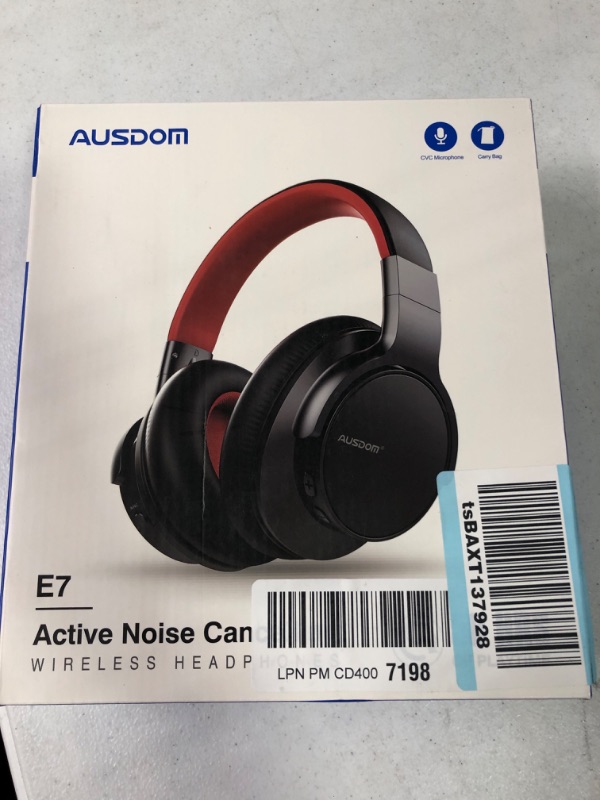 Photo 2 of AUSDOM E7 Bluetooth Noise Cancelling Headphones: Wireless Over Ear ANC Headphones with Microphone, 50H Playtime, Hi-Fi Stereo Sound, Deep Bass, Comfortable Earpads for Travel Work Home Office Black&Red