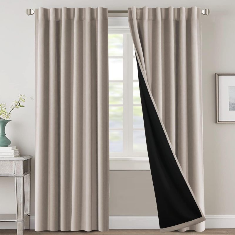 Photo 1 of 100% Blackout Curtains for Bedroom with Black Liner Full Room Darkening Curtains 96 Inches Long Thermal Insulated Back Tab/Rod Pocket Window Treatment Drapes for Living Room, Natural, 2 Panels 52"W x 96"L Natural Sand 
