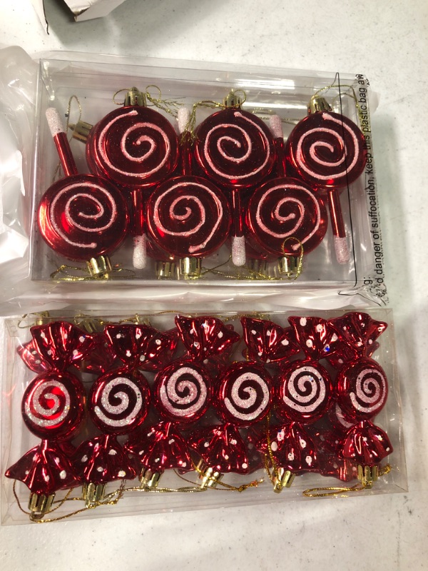 Photo 2 of 24 Pieces Christmas Candy Lollipop Ornament Set 2 Styles Vibrant Red White Candy Cane Ornament Xmas Hanging Lollipop Pattern Decorations with Rope for Xmas Holiday Festival Decor Photo Booth Prop