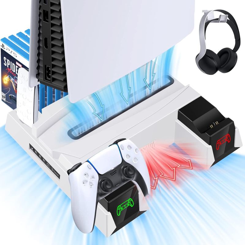 Photo 1 of Dual Controller Charger Station for Playstation 5 PS5 Console with Suction Cooling Fan, Suction Cooler Fan with Charging Dock Station and 12 Games Storage-Included Cable, Headphone Hook