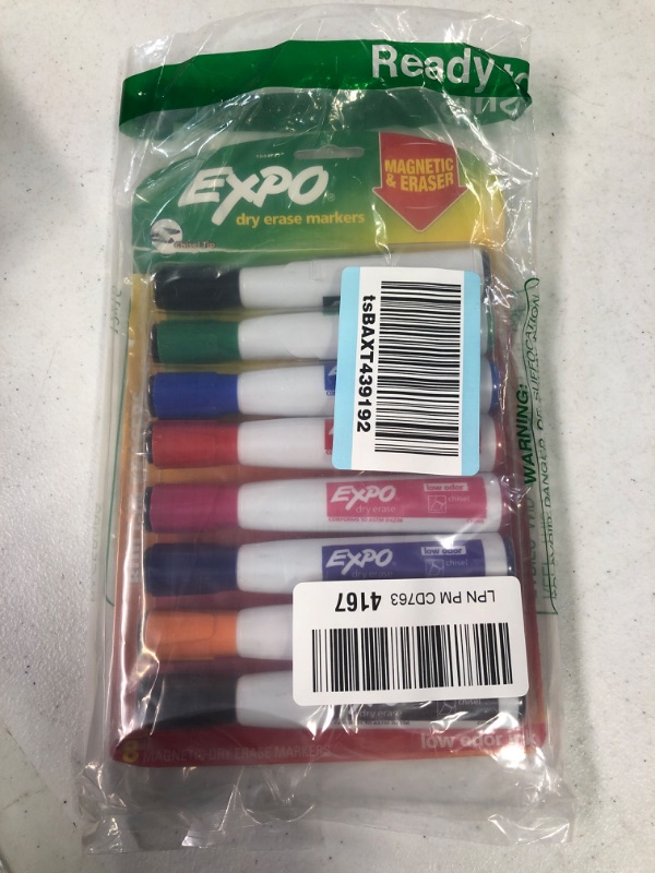 Photo 2 of EXPO Magnetic Dry Erase Markers with Eraser, Chisel Tip, Assorted, 8 Count 8-count Assorted 8 Count (Pack of 1)