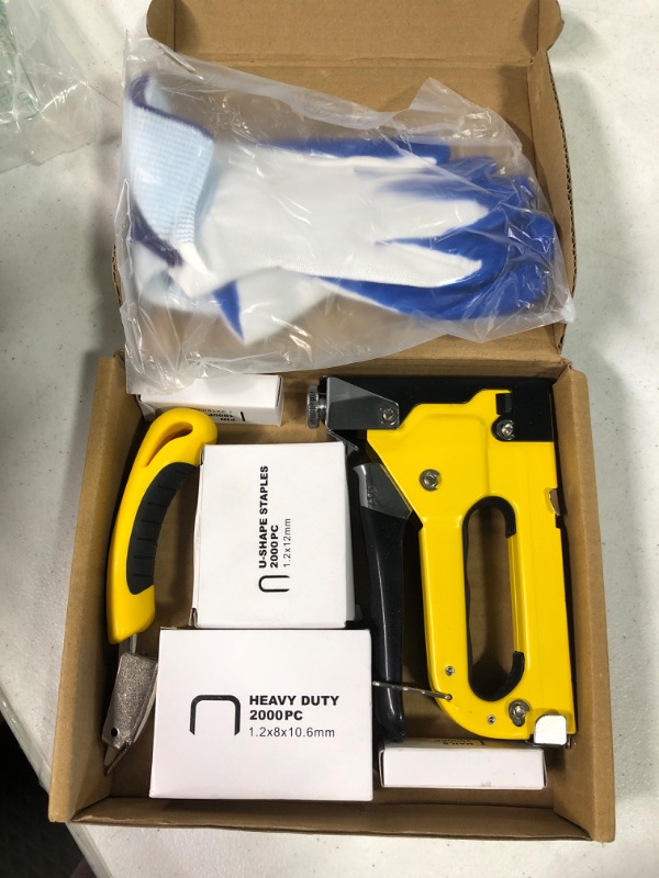 Photo 3 of Upholstery 4 in 1 Staple Gun Heavy Duty, with 6000 Staples, Remover, Gloves, Manual Brad Nailer Power Adjustment Stapler Gun for Wood, Upholstery, Carpentry, Decoration DIY Staple Gun