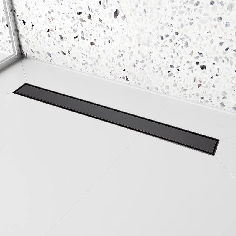 Photo 1 of 28 inch Linear Shower Drain with Removable Square Hole Panel by Using 304 Stainless Steel Process, Linear Drain Equipped with Adjustable Feet and Hair Strainer?Matte Black Color?
