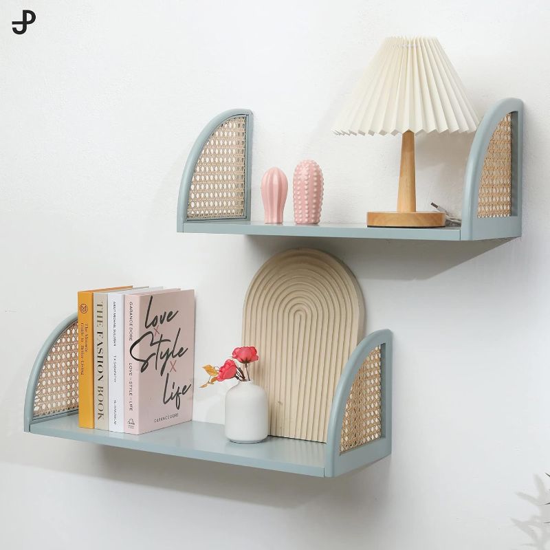 Photo 1 of [PJ Collection] Decorative Wooden Wall Shelf with Rattan, Set of 2, Floating Shelves, Wall Mount, Wall Shelf, Rustic Wood Wall Storage Shelves, Sturdy Floating Shelves (Blue)