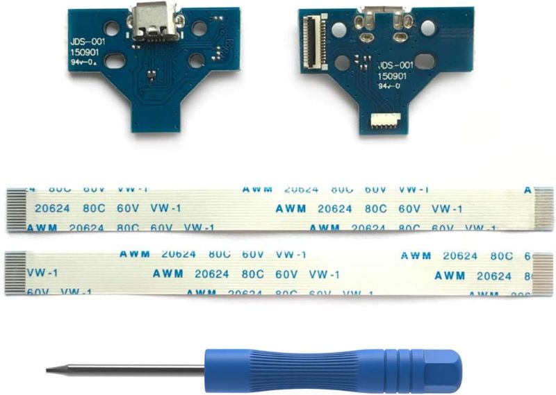 Photo 1 of 2PCs JDS-001 Replacement Charging Port Assembly for PS4 DualShock 4, Repair Part Micro USB Adaptor Charger Socket Board Connector Module for Playstation DS4 Controller, Flex Cable, Tool Screwdriver