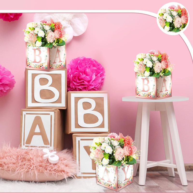 Photo 1 of Bucherry 6 Pcs Pink Floral Baby Shower Decorations Baby Flower Party Boxes Centerpiece Pink Floral Table Display with Letters Gender Reveal Party Favor Block Holder (Pink Floral) Pink Floral