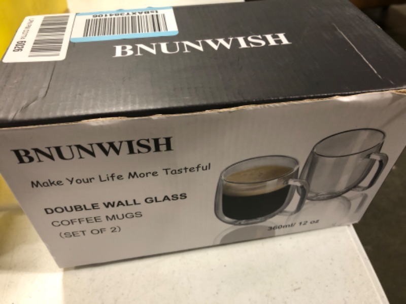 Photo 4 of BNUNWISH Double Wall Glass Coffee Mugs Tea Cups Set of 2, Thermal Insulated and No Condensation with Wide Handle, 12OZ (360ML) Transparent
BOX SLIGHTLY DAMAGED