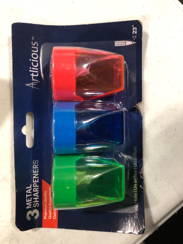 Photo 2 of Sorillo Brands 3 Colorful Compact Metal Pencil Sharpener Value Pack - Colored Pencils, Watercolor Pencils, School Pencils
MINOR BOX DAMAGE