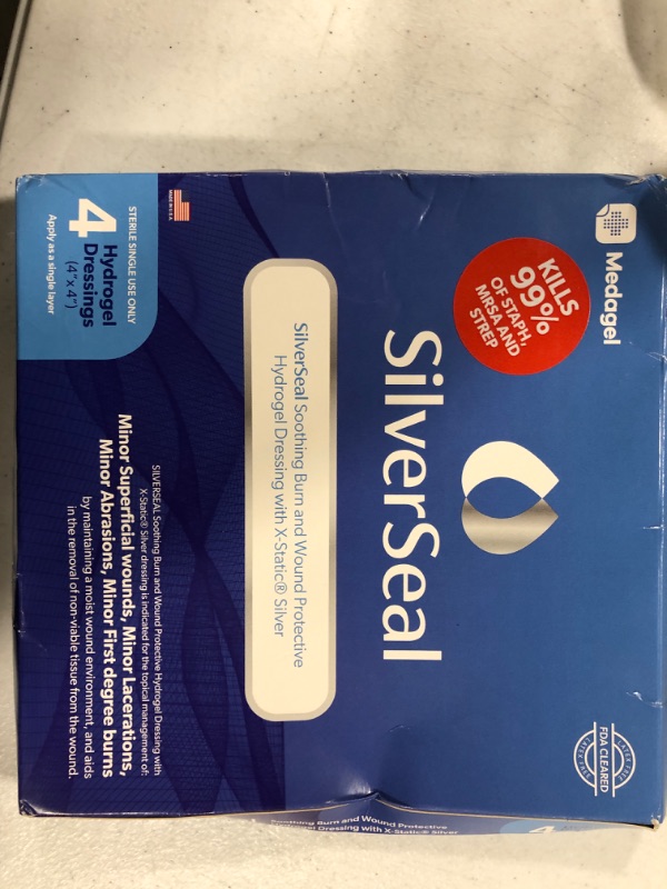 Photo 2 of SilverSeal Burn and Wound Dressing | Hydrogel Pads with X-Static Silver | Soothing, Moist & Protective | Burns, Cuts & Wounds | 4 Sterile Dressings
BOX MINOR DAMAGED