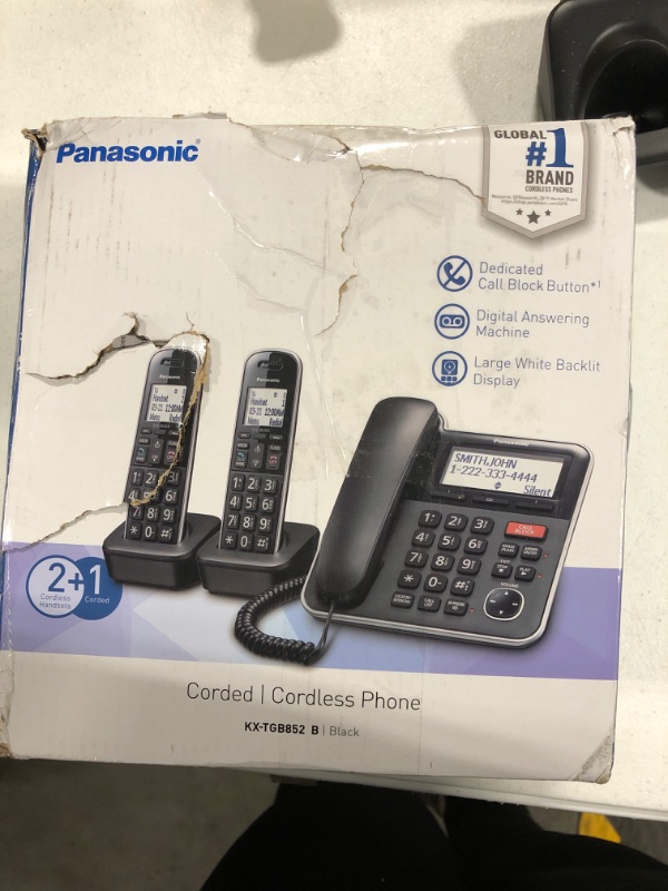 Photo 6 of Panasonic Expandable Corded/Cordless Phone System with Answering Machine and One Touch Call Blocking – 2 Handsets - KX-TGB852B (Black) Corded/Cordless Phone System, 2 Cordless Handsets
BOX HAS  MAJOR DAMAGE