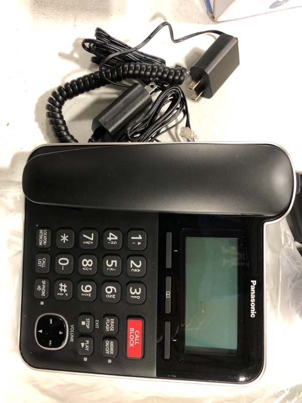 Photo 2 of Panasonic Expandable Corded/Cordless Phone System with Answering Machine and One Touch Call Blocking – 2 Handsets - KX-TGB852B (Black) Corded/Cordless Phone System, 2 Cordless Handsets
BOX HAS  MAJOR DAMAGE