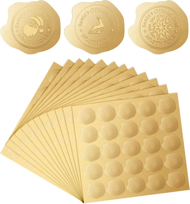 Photo 1 of 300 Pcs Christmas Wax Seal Stickers Gold Embossed North Pole Stickers Adhesive Reindeer Snowflake Official Seal Santa Stickers for Envelopes from Santa Stamp Party Favors Cards Invitations Gift 