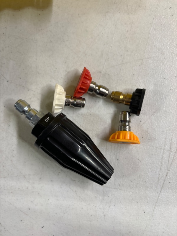 Photo 2 of YAMATIC Pressure Washer Tips Turbo Nozzle, 360° Rotating Spray Turbo with 5 Spray Nozzles, 3000 PSI Max 3500 PSI with 1/4 inch Quick Connector for Cleaning Brick, Concrete Surfaces(4.0 GPM)
ONE NOZZLE MISSING