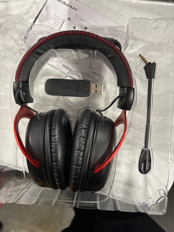 Photo 2 of HyperX Cloud II Wireless - Gaming Headset for PC, PS4/PS5, Nintendo Switch, Long Lasting Battery Up to 30 Hours, 7.1 Surround Sound, Memory Foam, Detachable Noise Cancelling Microphone, Mic Monitoring Black, Red Wireless Cloud II Headset
*VERY USED*