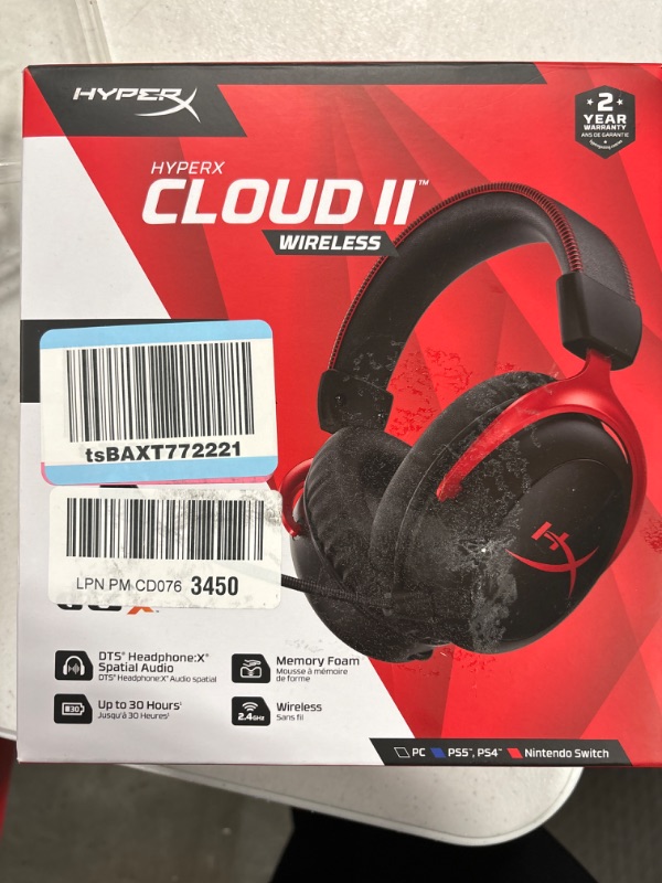 Photo 6 of HyperX Cloud II Wireless - Gaming Headset for PC, PS4/PS5, Nintendo Switch, Long Lasting Battery Up to 30 Hours, 7.1 Surround Sound, Memory Foam, Detachable Noise Cancelling Microphone, Mic Monitoring Black, Red Wireless Cloud II Headset
*VERY USED*