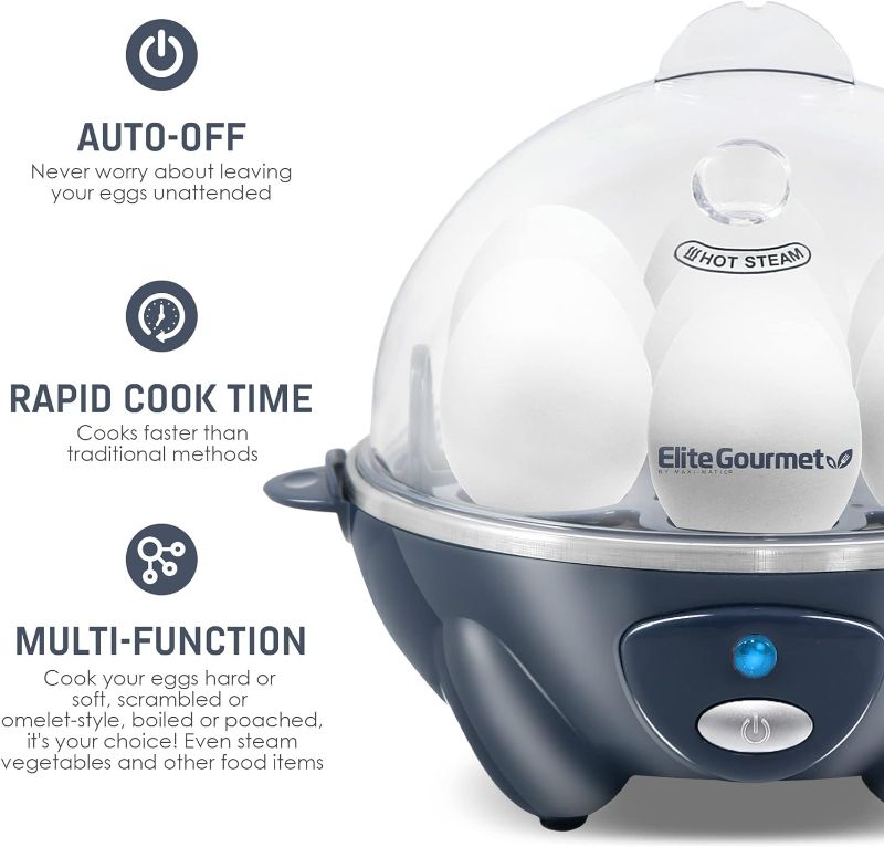 Photo 1 of **minor damages, check comments & pictures**  Elite Gourmet EGC007BG Rapid Egg Cooker, 7 Easy-To-Peel, Hard, Medium, Soft Boiled Eggs, Poacher, Omelet Maker, Auto Shut-Off, Alarm, 16-Recipe Booklet, Slate Blue