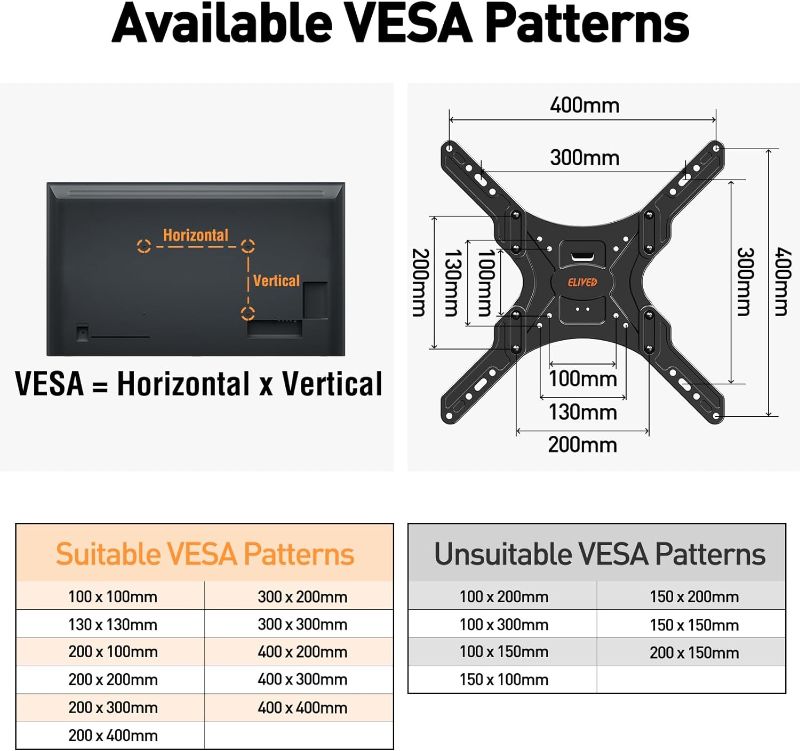 Photo 2 of ELIVED TV Wall Mount for Most 26-55 Inch TVs, Swivel and Tilt Full Motion TV Mount with Single Stud Perfect Center Design, TV Bracket Max VESA 400x400mm, Holds up to 88 lbs.