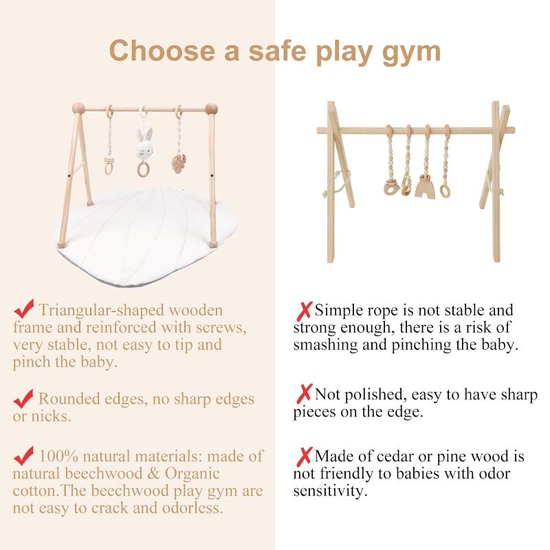 Photo 1 of COTTONBEBE Organic Baby Gym Wooden Cotton Play Mat, Super Soft Infant Activity Center for Tummy Time, Wood Baby Hanging Sensory Toys for Babies Girl Boy 0-36 Months, Newborn Gifts, Brown Leaf
