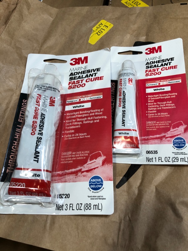 Photo 2 of 3M Marine Adhesive Sealant Fast Cure 5200 (05220) Permanent Bonding and Sealing for Boats and RVs Above and Below the Waterline Waterproof Repair, White, 3 fl oz Tube 3 fl oz 5200FC Adhesive Sealant