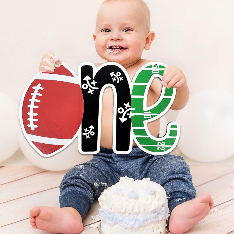 Photo 1 of Football Party Decorations Letter One for First Birthday Supplies - 1st Football Field Cutout Wooden One for Boy Girl Bday Photo Prop Highchair Door Hanging Decorations Superbowl Birthday Decor