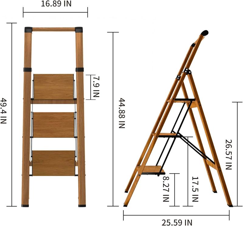 Photo 2 of 3 Step Ladder, Folding Step Stool with Aluminum Wide Pedal& Convenient Handgrip, 330lbs Capacity Steel Ladder for Household and Office (Woodgrain)