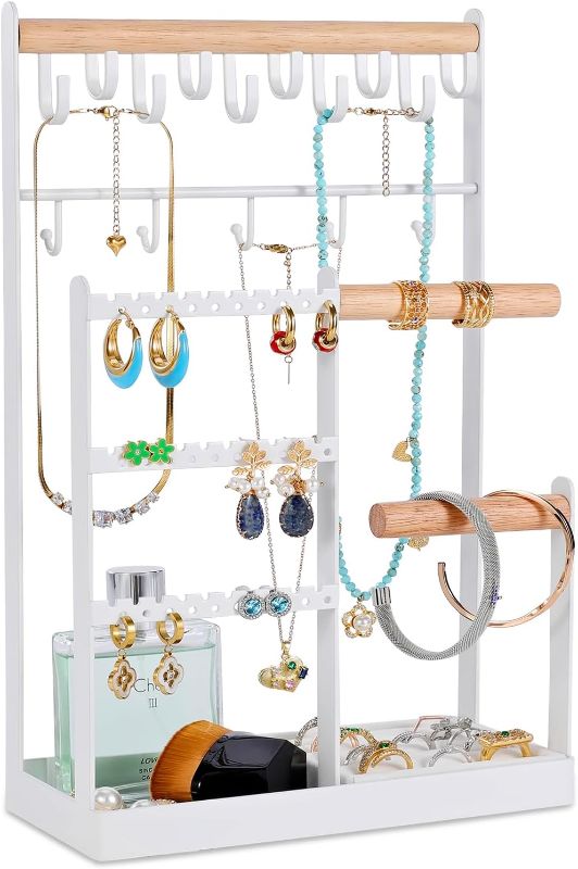 Photo 1 of Jewelry Organizer Stand, Necklace Holder with 15 Hooks, 5 Tier Jewelry Holder Earring Stand Bracelet Holder Jewelry Tower Display Rack Hanging Storage Tree with Removable Velvet Ring Holder (White)