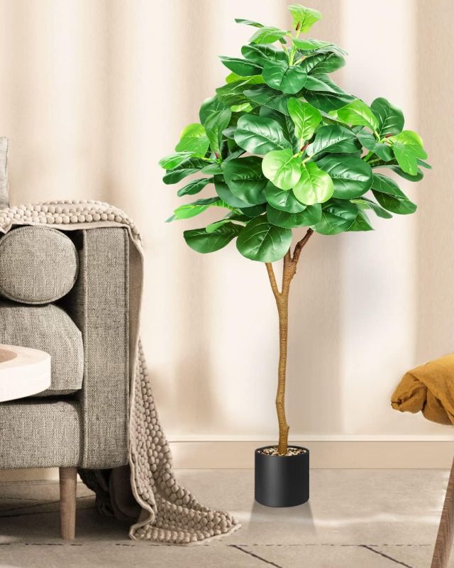 Photo 1 of **USED** Kayfia Fake Tree Fiddle Leaf Fig Tree 50in/4ft Ficus Lyrata Faux Plants Indoor with 70 Leaves Faux Tree in Black Nursery Pot Artificial Plants for Home Office Decoration