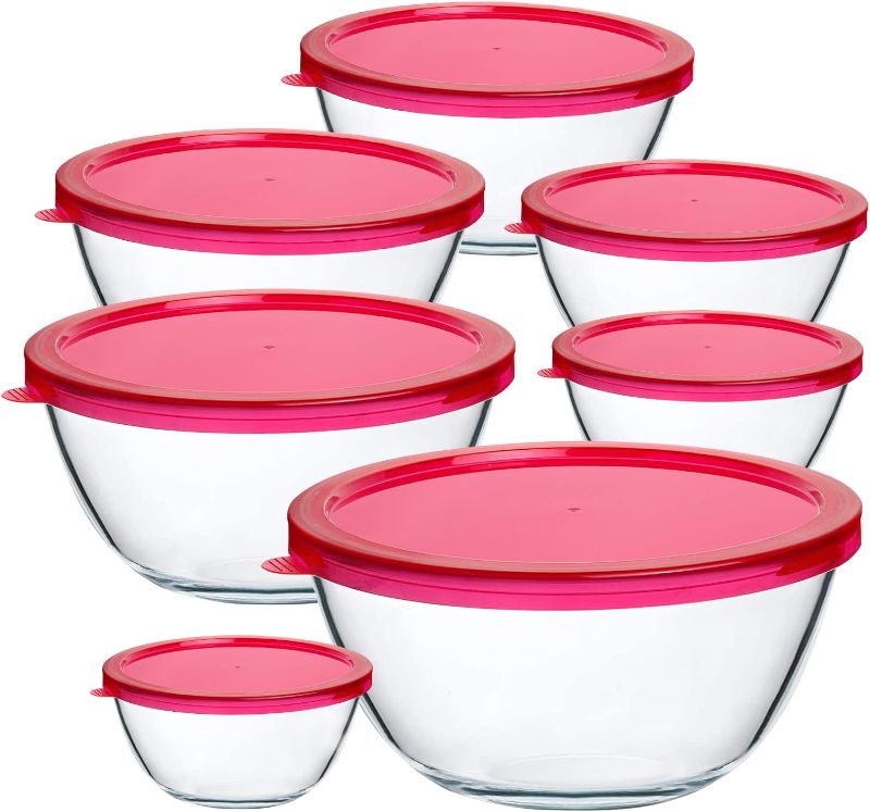 Photo 1 of **2 bowels chipped & 2 lids cracked**  KOMUEE 14 Pieces Glass Mixing Bowls with Lids Set,Glass Salad bowls Nesting Glass Storage Bowl for Kitchen, Baking,Microware,Freeze and Dishwasher Safe