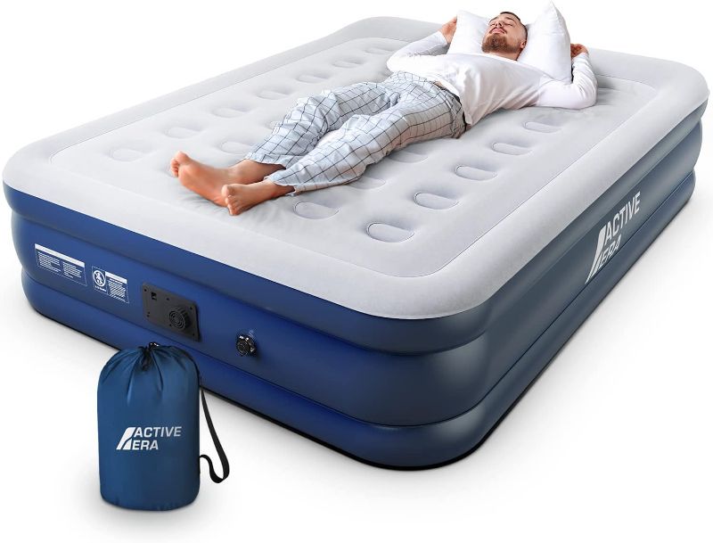 Photo 1 of Active Era Premium Queen Air Mattress with Built in Pump, Raised Pillow, Puncture Resistant Waterproof Soft Top, Elevated Inflatable Bed for Guests, Queen Size Blow Up Mattress, Quick Electric Pump