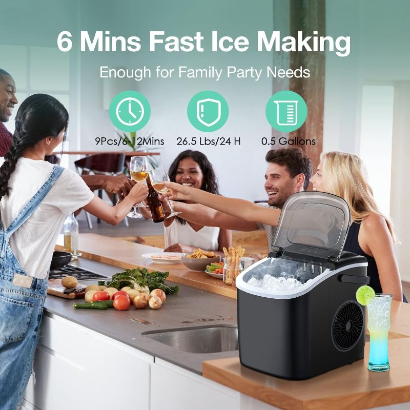 Photo 2 of Countertop Ice Maker, Ice Maker Machine 6 Mins 9 Ice, 26.5lbs/24Hrs, Portable Ice Maker Machine with Self-Cleaning, Ice Scoop, and Basket, Compact Ice Maker for Home/Kitchen/Office/Party