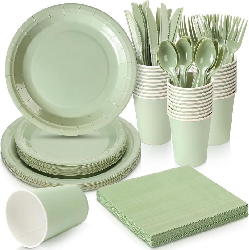 Photo 1 of 168 Pcs Bridal Shower Decorations Baby Shower Party Supplies Include Baby Shower Plates and Cups and Napkins Sets with Plastic Forks Knives Spoons for Wedding Birthday (Sage)