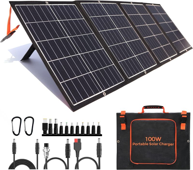 Photo 1 of 100W Portable Solar Panel Kit with Stand Foldable Solar Panel Charger for Jackery Power Station, 8mm Goal Zero Yeti Power Station, Suaoki Portable Generator, Phones, Laptop, with QC 3.0 USB DC Ports