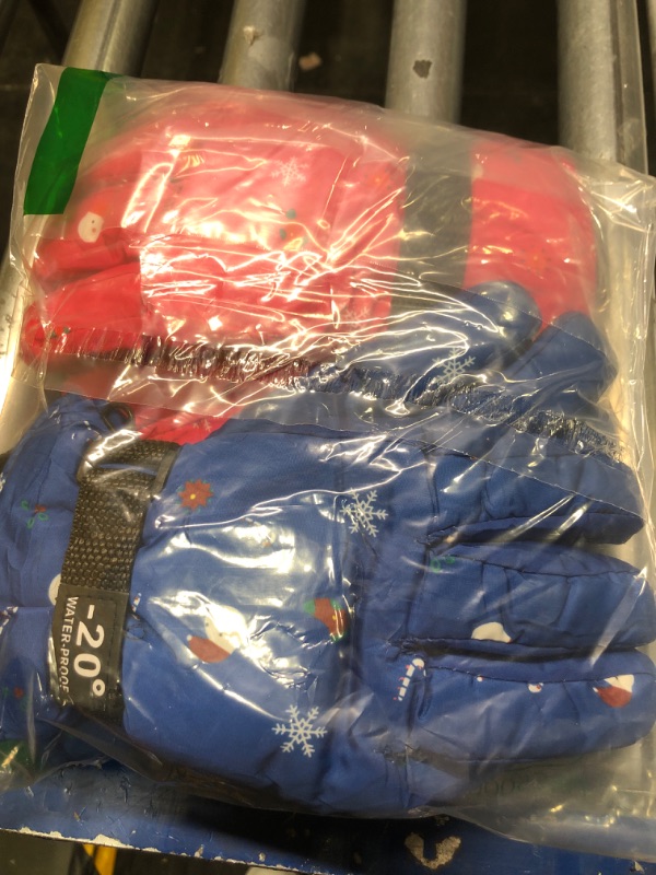 Photo 1 of 2 Pairs Kids Mittens Children Winter Snow Waterproof Thick Warm Windproof Gloves for Girls Boys Blue and Rose Red Snowflake Style 8 - 14 Years