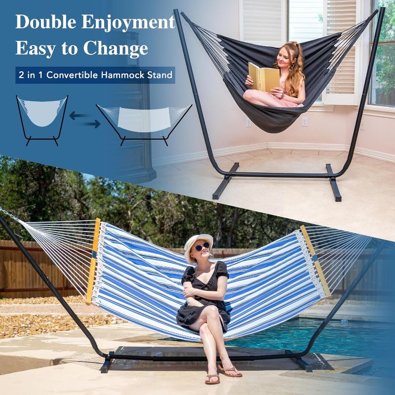 Photo 2 of **MISSING PIECES/SOLD AS PARTS** SUNCREAT 2-in-1 Convertible Hammock and Stand, Stand Alone Hammock for Backyard, Patio, Garden, Patent Pending, Blue Stripes Blue Stripes With Chair