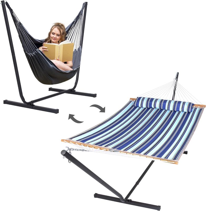 Photo 1 of **MISSING PIECES/SOLD AS PARTS** SUNCREAT 2-in-1 Convertible Hammock and Stand, Stand Alone Hammock for Backyard, Patio, Garden, Patent Pending, Blue Stripes Blue Stripes With Chair