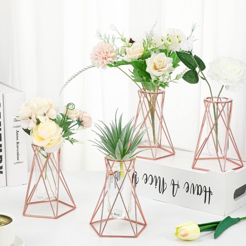 Photo 1 of 4 Pieces Rose Gold Glass Flower Vase for Centerpieces Geometric Vases Desktop Glass Planter Metal Stand Iron Tall Hydroponic Vase for Tables Flowers Wedding Plant Home (6.3 Inch)
