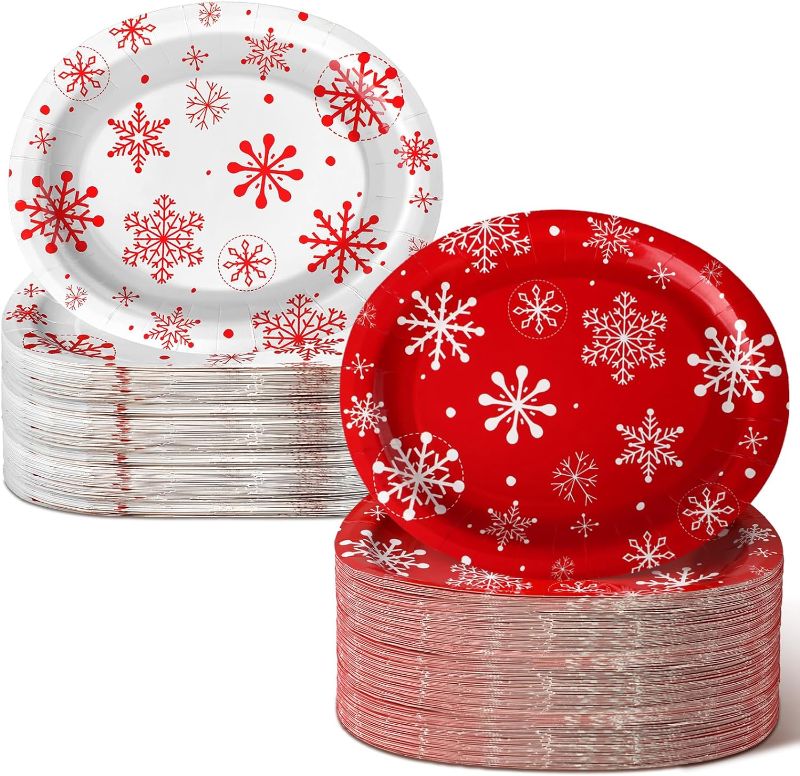 Photo 1 of 100 PCS Christmas Snowflake Oval Paper Plates 10" x 12" Disposable Paper Plates Winter Snow Themed Dinner Plates Red and White Snowflake Plates for Xmas Holiday New Year Dinner Party Supply
