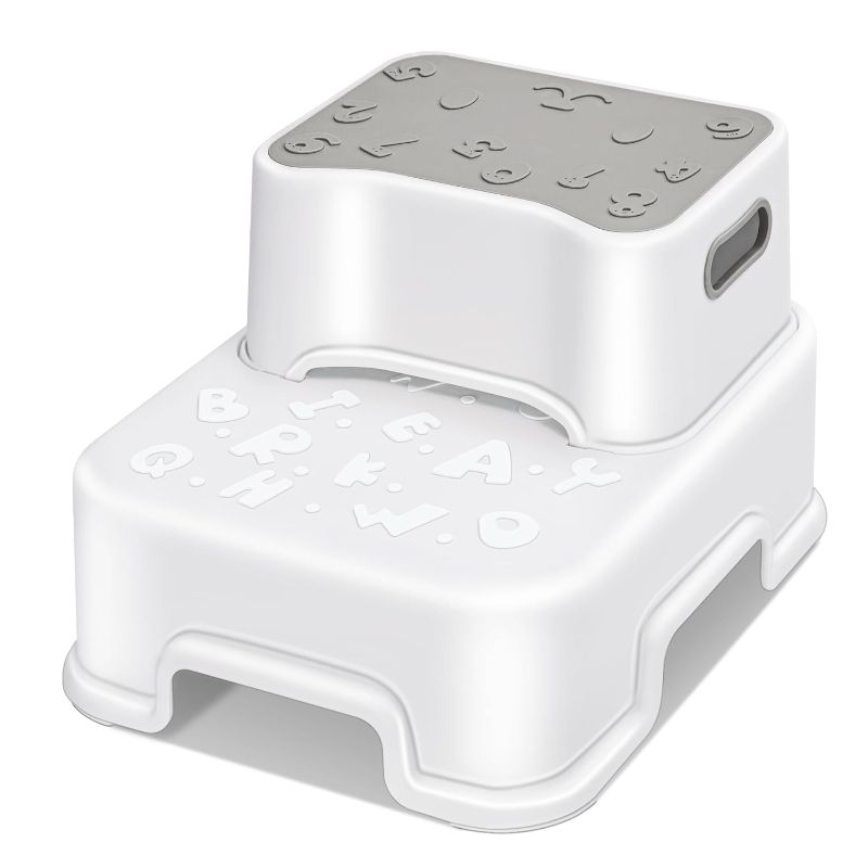 Photo 1 of HEETA 2 Step Stool for Kids and Toddler, Anti-Slip Sturdy Step Stool for Potty Training Stool, 2 in 1 Step Dual Height to Reach Kitchen Counter Bed or Sink, Grey & White
