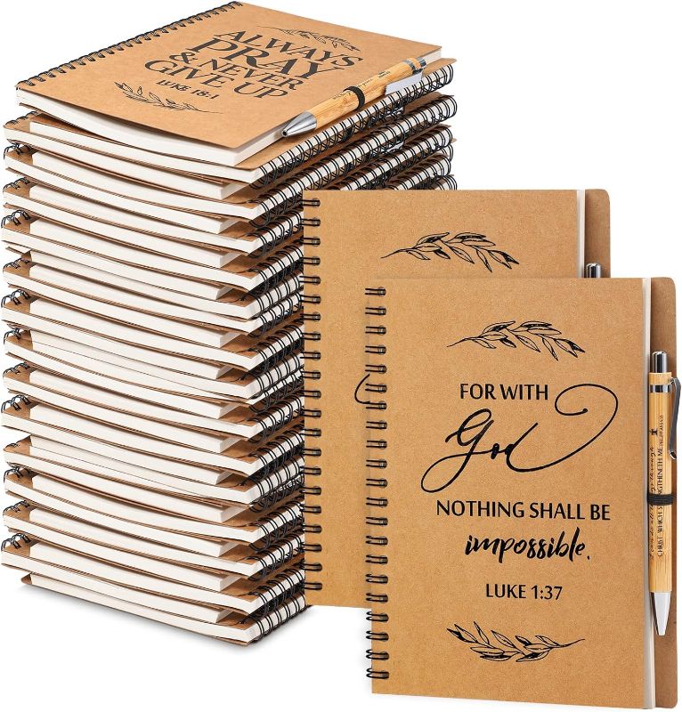 Photo 1 of 60 Pcs Christian Gifts Bulk A5 Spiral Notebook and Bible Bamboo Ballpoint Pen Prayer Journal Religious Party Favors God Scripture Notepad for Women Family Church(5.5 x 8.3'')
