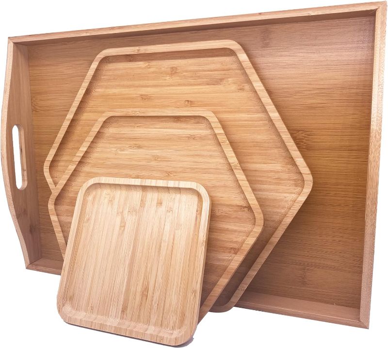 Photo 1 of 
Bamboo Serving Trays Dinner Plates Cheese Board 16.5"x11.8"?42x30cm with Handle, Set Includes 1xHexagon 12.5"(32cm)+1xHexagon 9.8"(25cm)+1xSquare 5.9"(15cm) Plates for Family Dinner