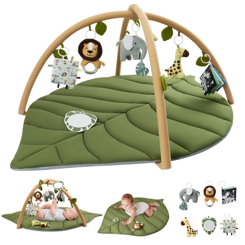 Photo 1 of Blissful Diary Baby Play Gym & Activity Mat, Oversize Leaf Shaped Baby Play Mat w 6 Detachable Toys, Tummy Time Mat Promote Motor Skills & Sensory Development Mat, Newborn Infant Baby Essentials Gift