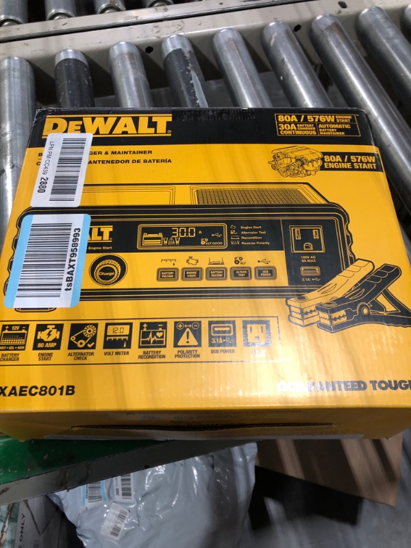 Photo 2 of DEWALT DXAEC801B 30 Amp Bench Battery Charger: 80 Amp Engine Start, 2 Amp Maintainer, 120V AC Outlet, 3.1A USB Port, Battery Clamps Single Battery Charger