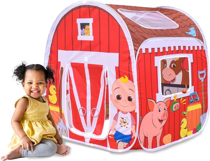 Photo 1 of CoComelon Old MacDonald's Musical Barn Pop Up Tent – Easy to Setup Playhouse for Kids | Plays Music, Roll Up Door and Mesh Windows
